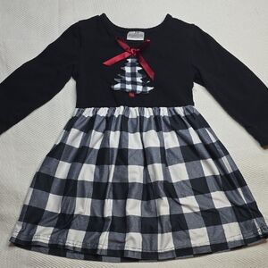 Black and White Plaid Christmas Tree Kids Dress